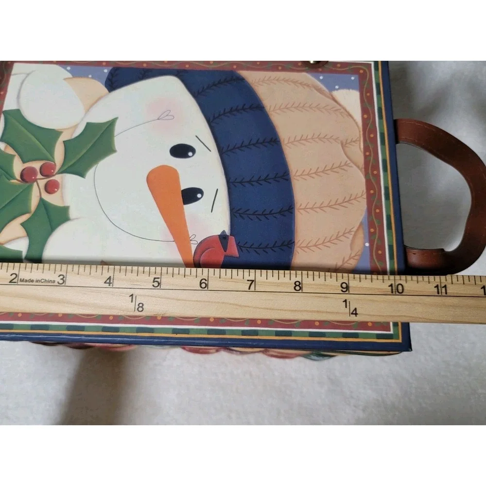 2 Christmas Baskets With Snowman Lg. & Sm Jan Shade Beach Weaved Leather Handles